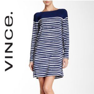 VINCE Marker Stripe Long Sleeve Dress 100% Silk, XS, BLUE WHITE-SOLD